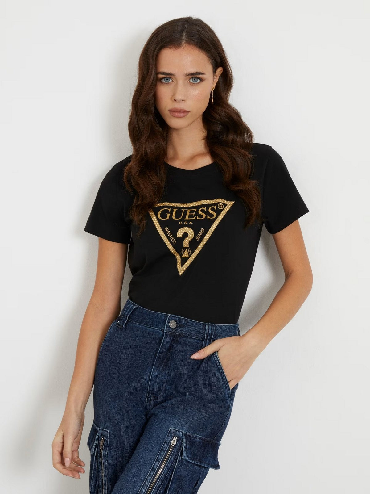 GUESS T-Shirt e Polo Donna Ss Cn Gold Triangle W4RI69 J1314 JBLK Nero